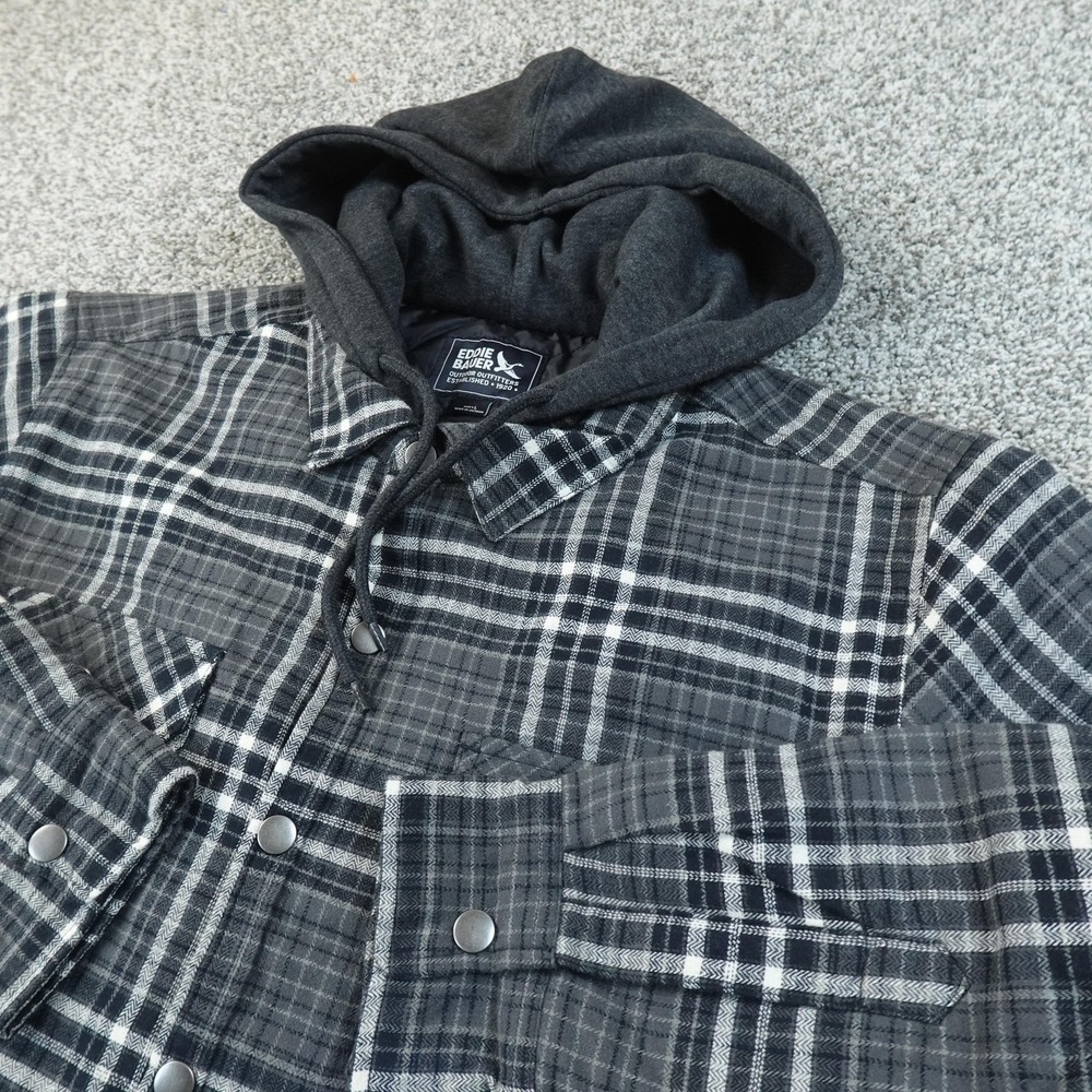 NEW Eddie Bauer Jacket Mens L Gray Plaid Hooded‎ Shirt Shacket Coat Outdoor Hike